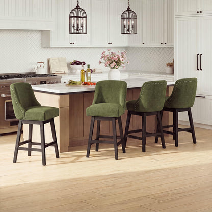 Bar Stools Set of 4, 360° Swivel Upholstered Counter Stools with Back, Wooden Frame Kitchen Bar Chairs with Nailhead Trim