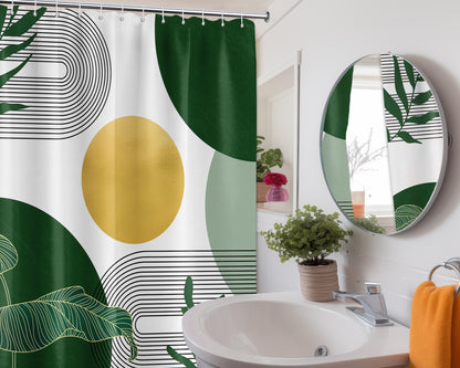 LanZanthic Dark Green and White Shower Curtains for Bathroom Olive Gold Emerald Mid Century Boho Wet Room Shower Curtain with hooks