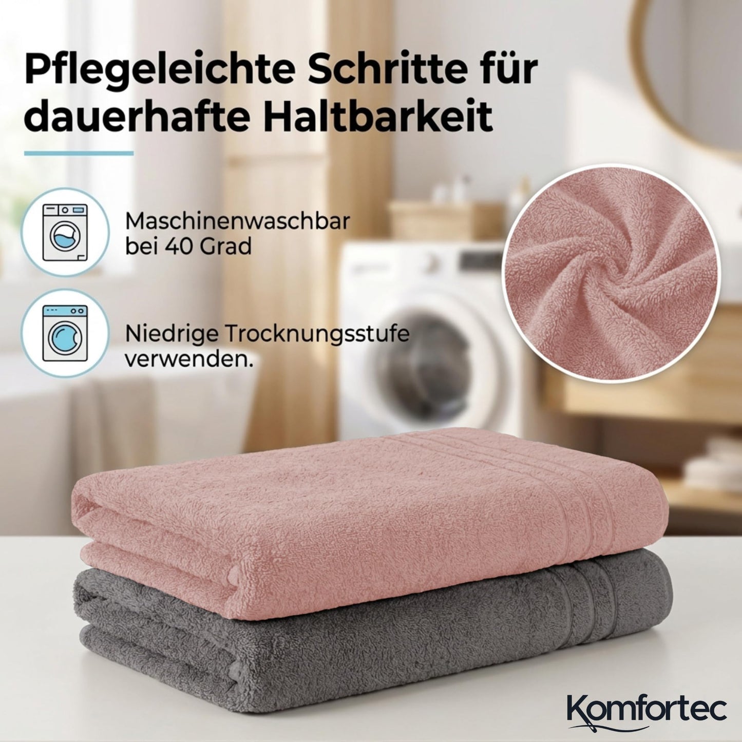 Komfortec Jumbo Bath Towels, 100% Cotton, Quick Dry, 80x200, Grey & Pink