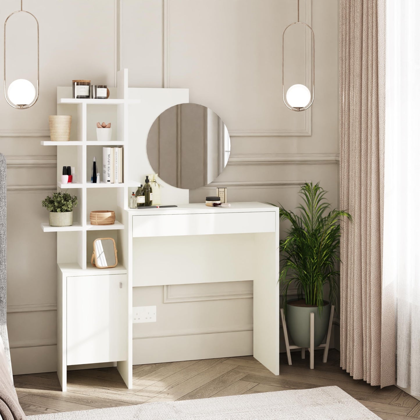 GFW Freyja Dressing Table Set White. Make Up & Hair Vanity Table With Drawers, Large Round Mirror & Storage Cabinet & Shelves. Modern Makeup Desk For
