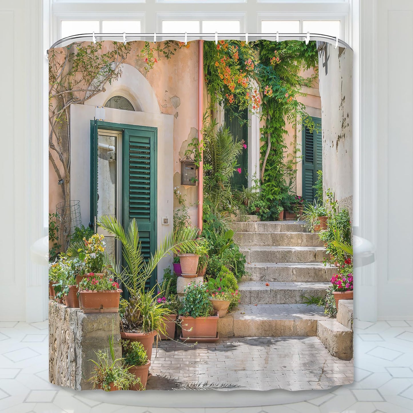 Street Scenery Shower Curtain with Old Stone House and Flower Picture Lightweight Quick-dry Cloth Bathroom Curtain with Hooks Tall Floral Shower