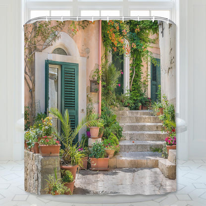 Street Scenery Shower Curtain with Old Stone House and Flower Picture Lightweight Quick-dry Cloth Bathroom Curtain with Hooks Tall Floral Shower