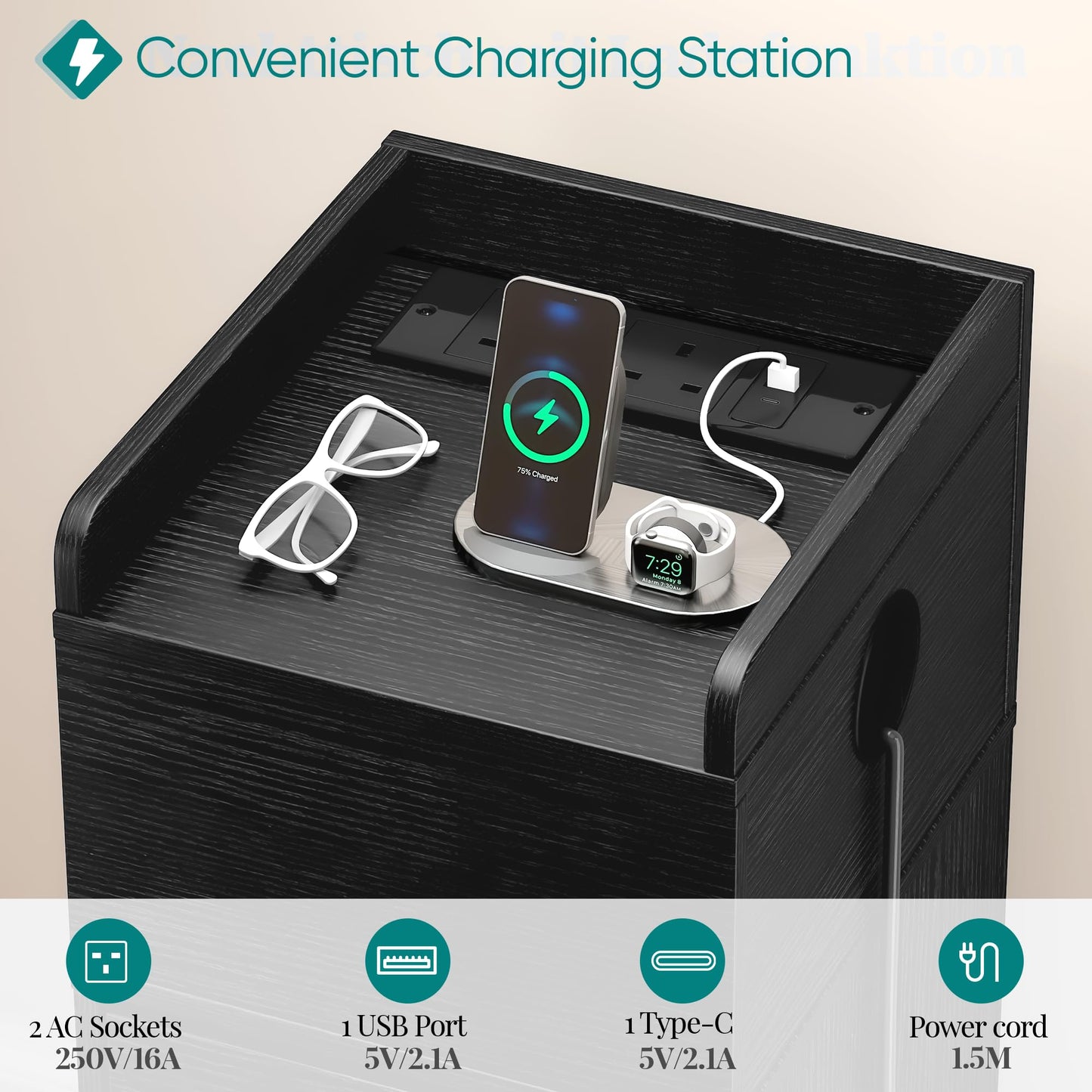 Quikraen 27cm Slim Bedside Tables Set of 2 with Charging Station and LED
