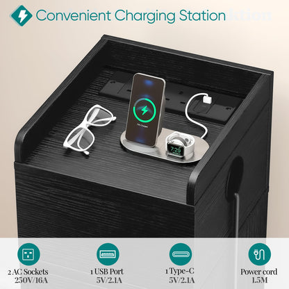 Quikraen 27cm Slim Bedside Tables Set of 2 with Charging Station and LED