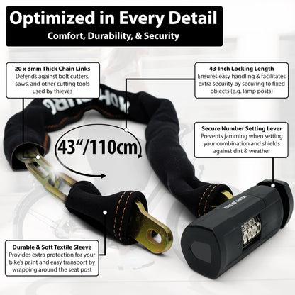 KOHLBURG Heavy Duty Combination Bike Lock [Sold Secure Gold] 43"/110cm Long with Maximum Security ? Anti Theft Bike Chain Lock with Numeric Code & 8mm