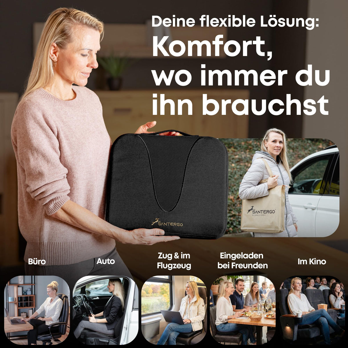 SANTERGO Ergonomic Seat Cushion Made of Moulded Foam [Patented & Dimensionally Stable] Chair Cushion Wedge Cushion Chair Office Chair Wheelchair Car