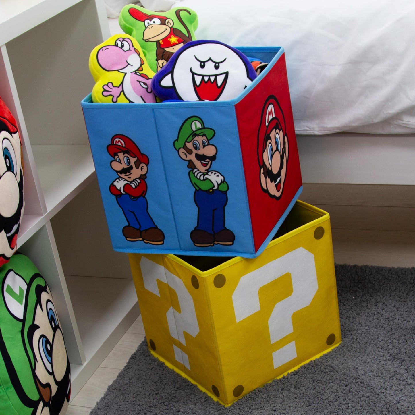 Nintendo Super Mario Officially Licensed Storage Boxes | 2 pack Foldable Storage Cubes Faces Design with Mario and Luigi
