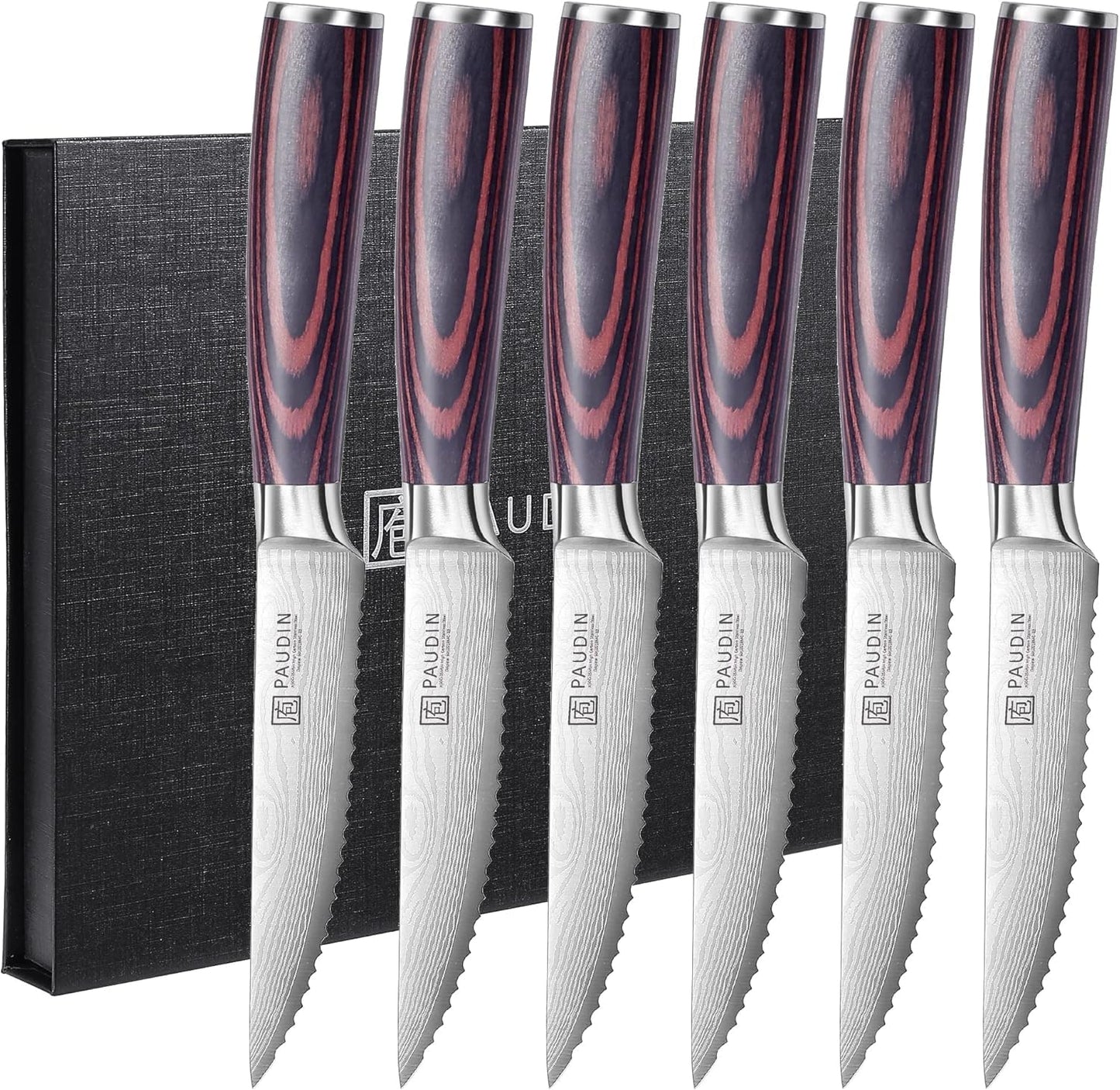 PAUDIN Steak Knives Set of 6, Kitchen Steak Knife 4.5 Inch, High Carbon Stainless Steel Steak Knives, Serrated Steak Knife with Pakkawood Handle,