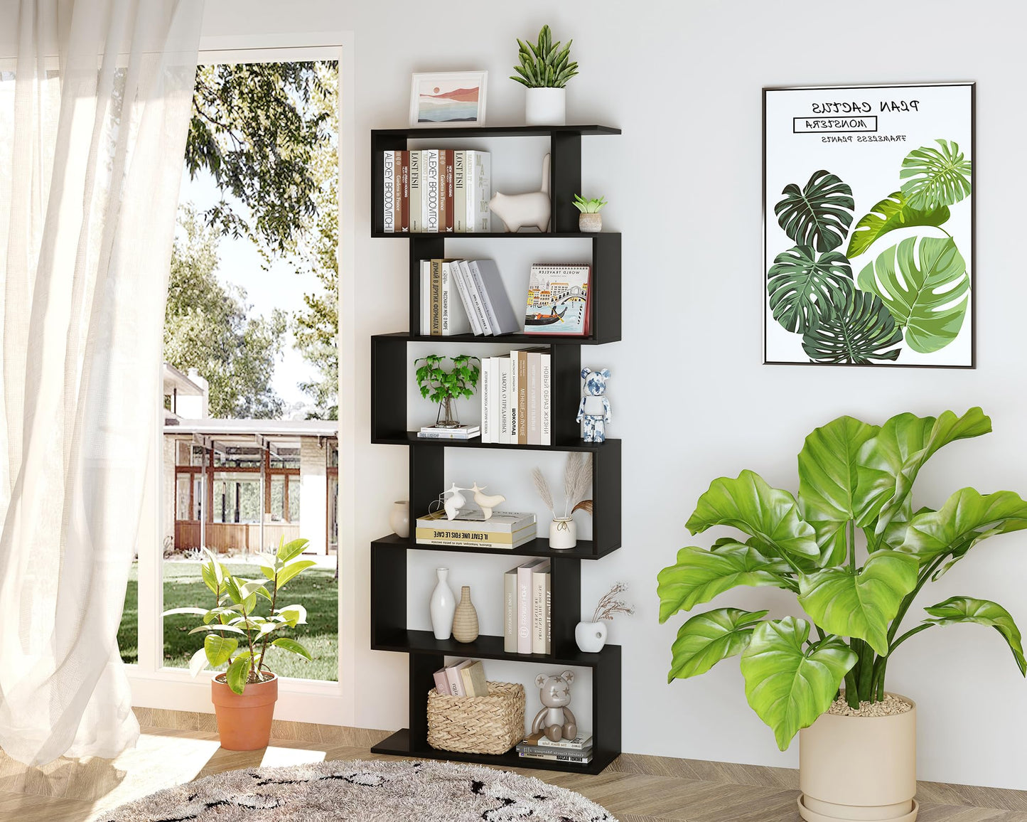 Yusong Bookshelf 6-Tier, Geometric Bookcase S Shaped Book Shelves for Bedroom, Modern Wood Decorative Display Shelf Tall Book Case for Home Office