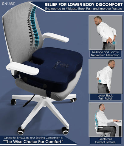 SNUGL Coccyx Seat Cushion – Orthopedic Memory Foam Pillow for Desk Chair, Gaming, Wheelchair, Car Seat, Postpartum & Pregnancy, Hemorrhoids Treatment