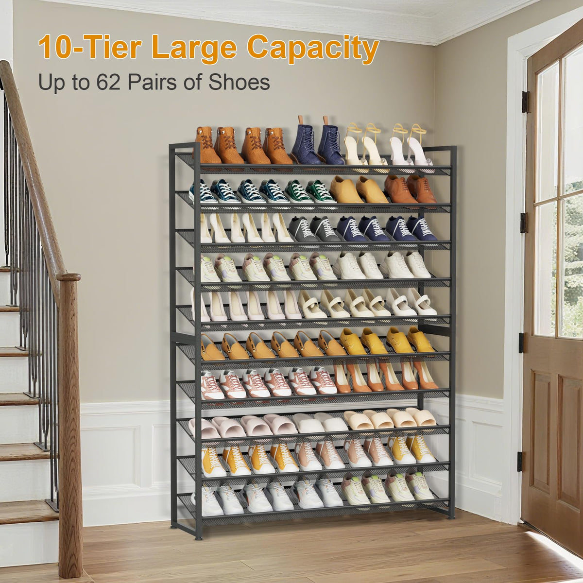 NEYCIL Large Shoe Rack 10 Tier Shoe Organizer, Heavy Duty Metal 5-Tier Stackable Shoe Storage Vertical Shoe Rack for Closet Front Door Entrance