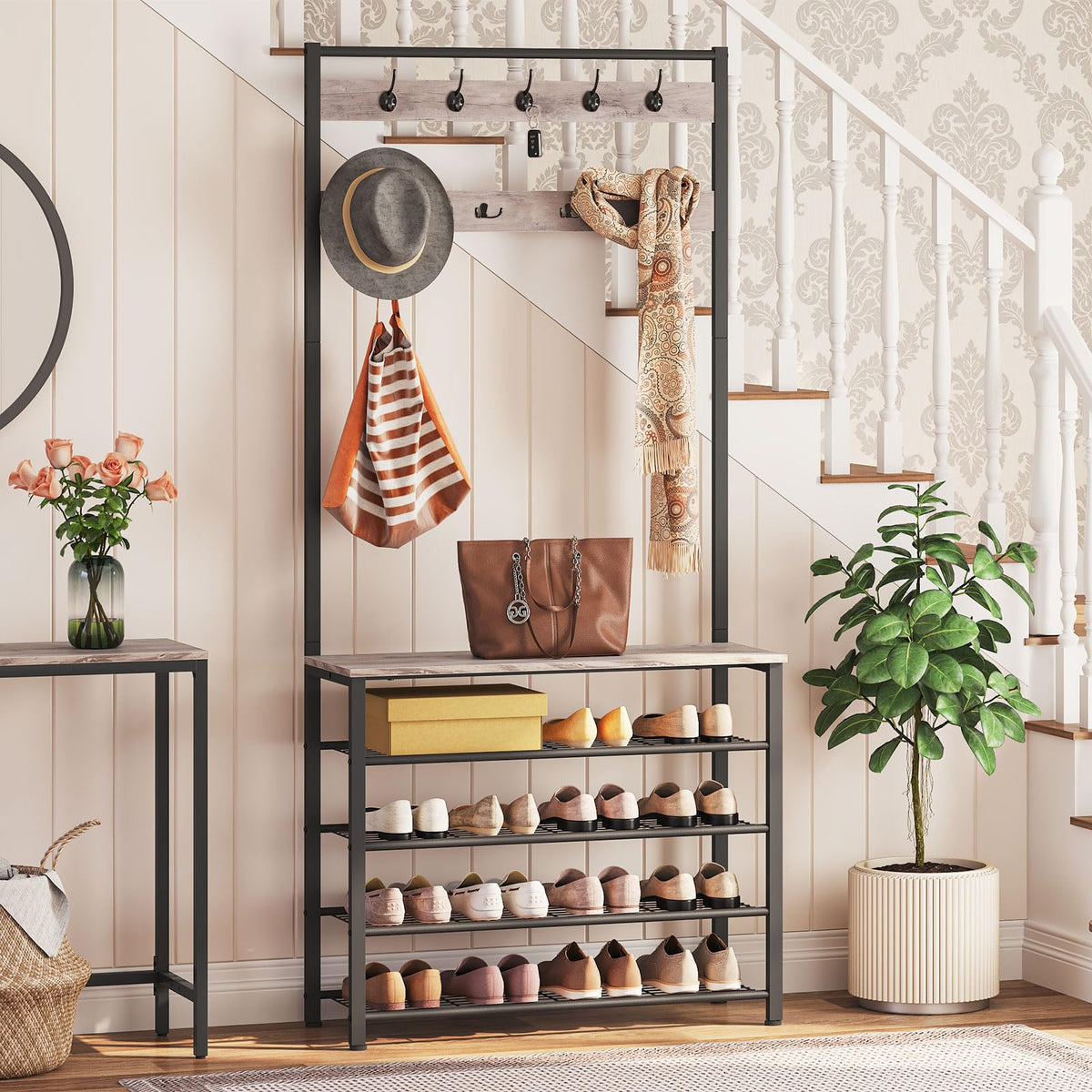 HOOBRO Coat Stand, Coat Rack with Shoe Storage, Free Standing Hall Tree with 9 Hooks, Shoe and Coat Rack for Hallway, Entryway, Metal Frame, Sturdy,