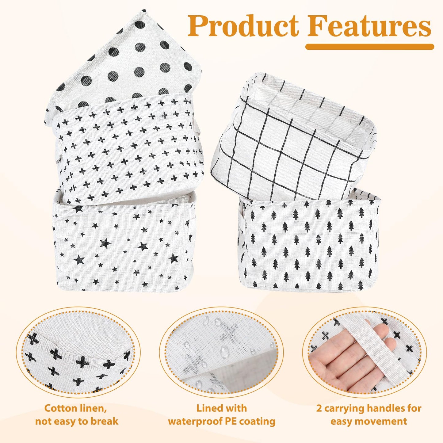 Haocjanc 5 Pack Small Fabric Storage Baskets, Collapsible Square Bathroom Storage Baskets, Waterproof Basket Organizer with Handles