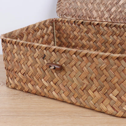 FEIALNDUO Wicker Shelf Baskets with Lid,Seagrass Storage Basket Bins Rectangular Handwoven Basket Boxes for Shelves Desktop Home Organizer