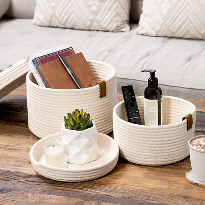 Set of 2 Storage Basket with Lid, Round Cotton Rope Decorative Basket with Leather Handles, Multifunctional Woven Baskets for Shelves, Bedroom