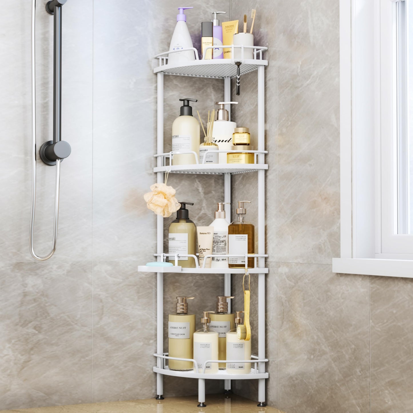 SWTYMIKI Corner Shower Caddy - 4 tier Bathroom Shelf Shower Organizer Corner with 4 Hooks, Rust Free Standing Bathroom Accessories with Soap Holder