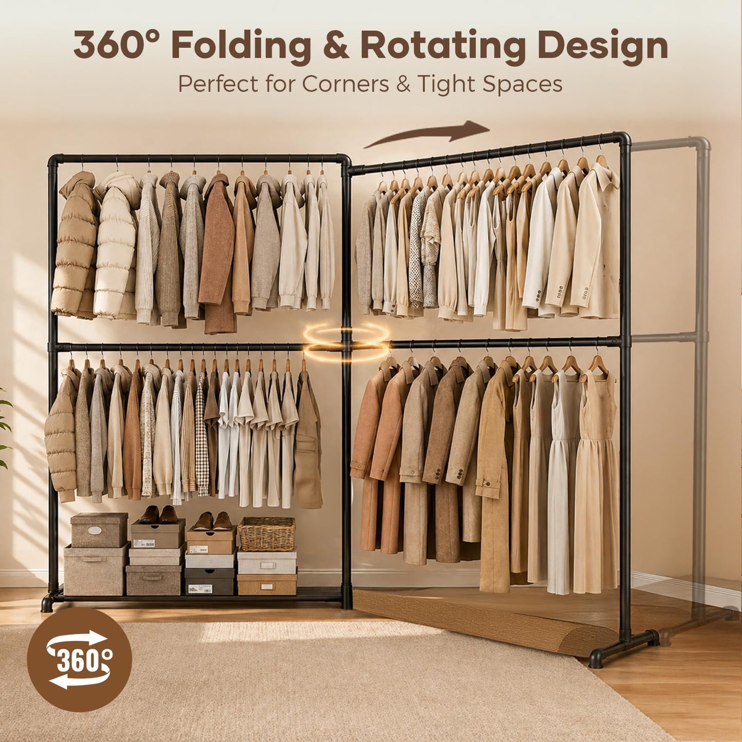 YasTant Heavy Duty Clothes Rail, Freestanding Clothes Hanging Rail with 4 Rails, 360° Foldable Side Arms, Bottom Shelf