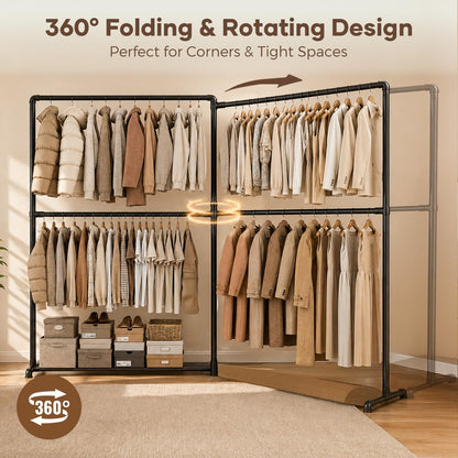 YasTant Heavy Duty Clothes Rail, Freestanding Clothes Hanging Rail with 4 Rails, 360° Foldable Side Arms, Bottom Shelf