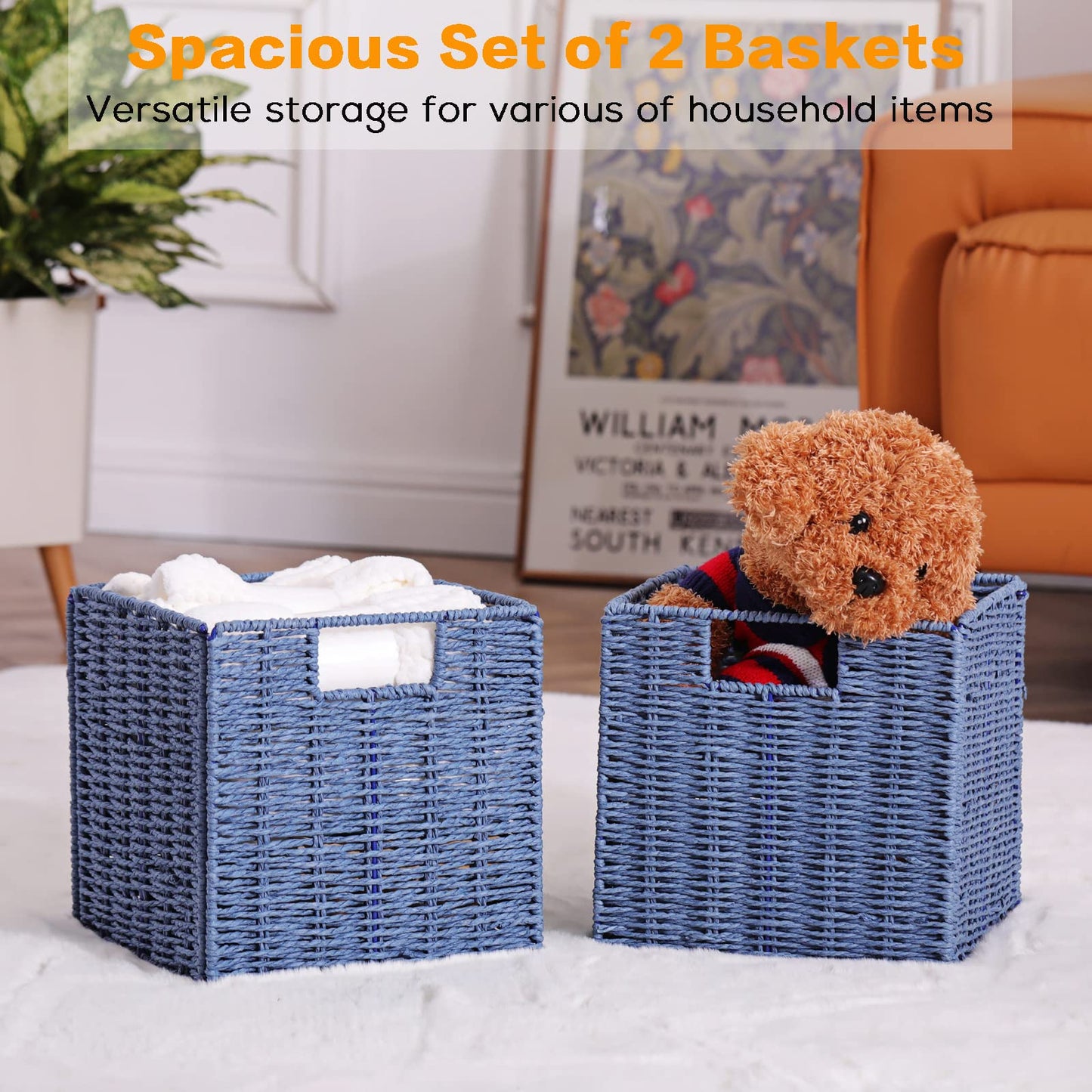Vagusicc Wicker Storage Basket, Set of 2 Handwoven Paper Rope Collapsible Woven Baskets, 9'' x 9'' x 9'' Cube Storage Bins with Handle