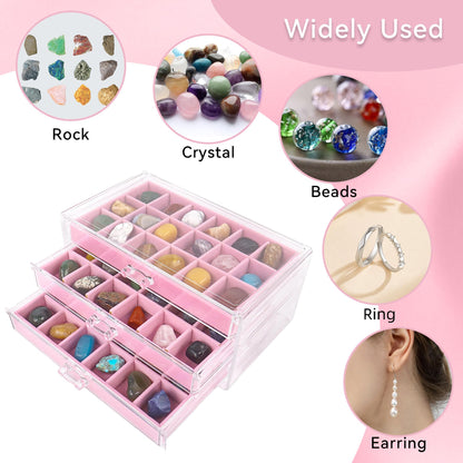 Dmnnlp Rock Display Case, 3 Drawers 54 Grids Rock Collection Box, Storage Cases for Gemstone Fossil Crystal Stone Jewellery (Pink)