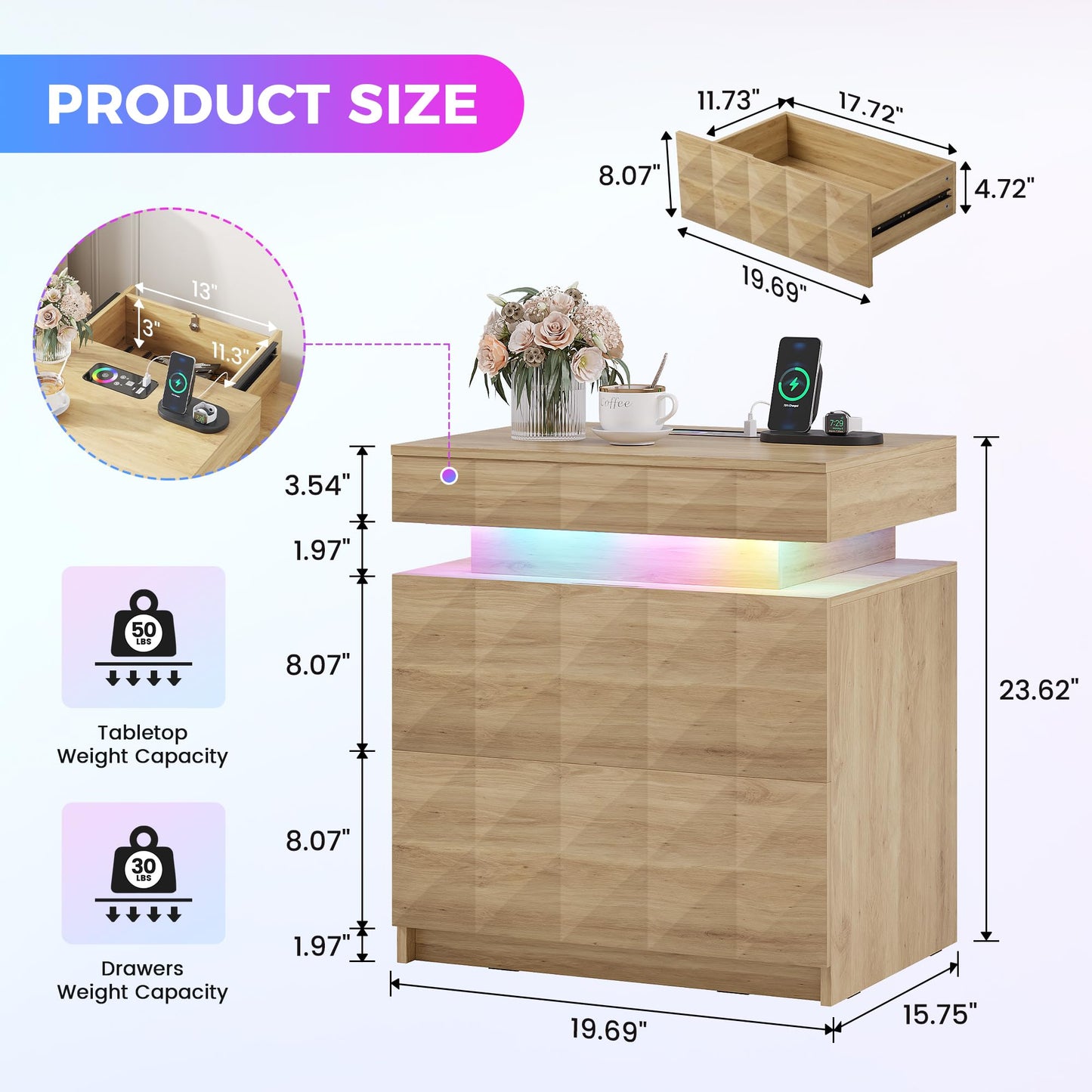 FREDEES RGB Bedside Table with Hidden Storage for Bedroom, Wood