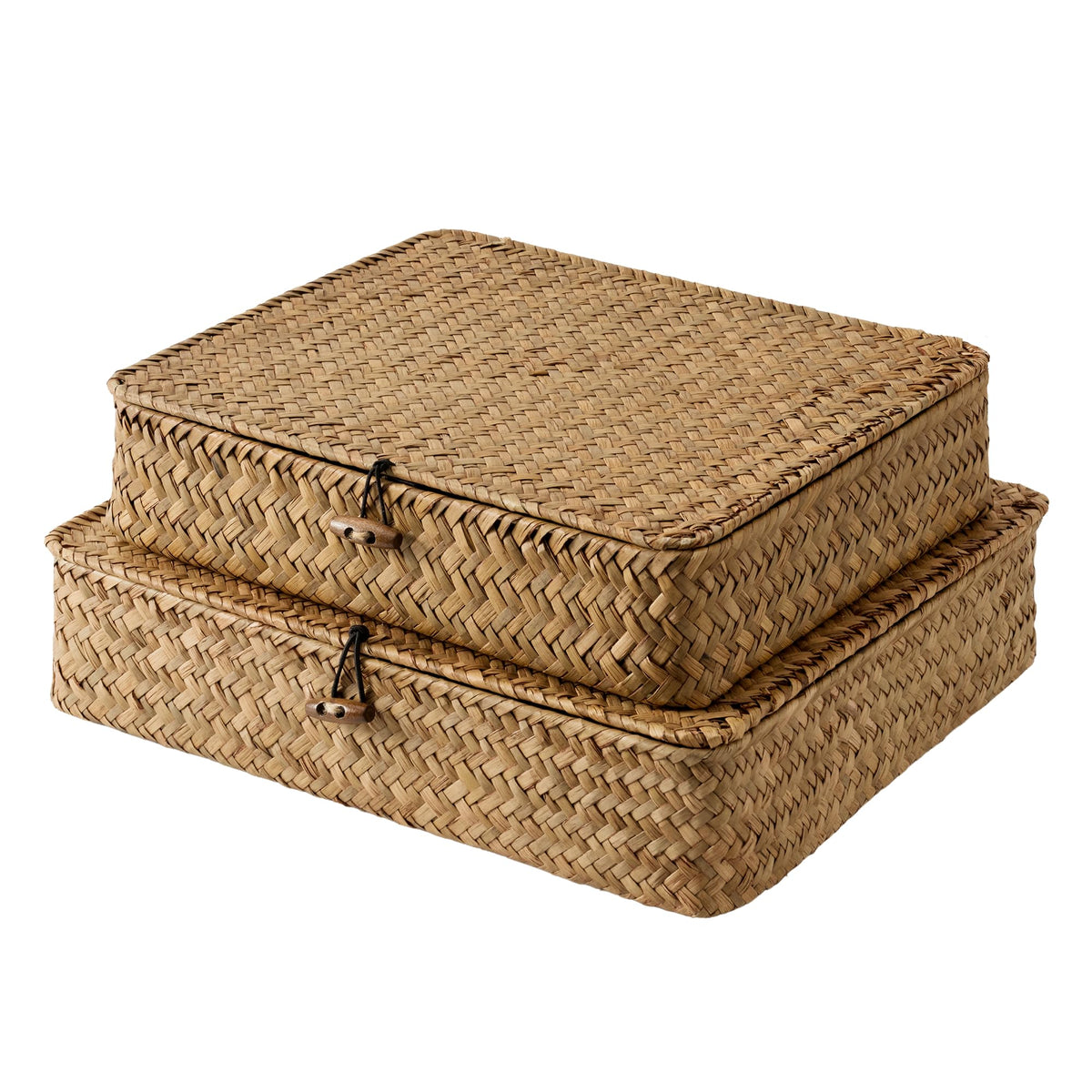 StorageWorks Wicker Storage Boxes with Lids, Flat Seagrass Storage Baskets with Lids