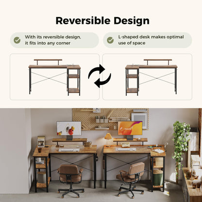 Mericonia Reversible Corner Desk, w. Led & Power Outlets, 140x70cm, Brown