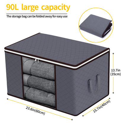 90L Storage Bags with Lid and Zips,3 Pack Foldable Storage Box with Reinforced Handle Thick Fabric Clear Window for Clothing Bedding Blankets, Grey