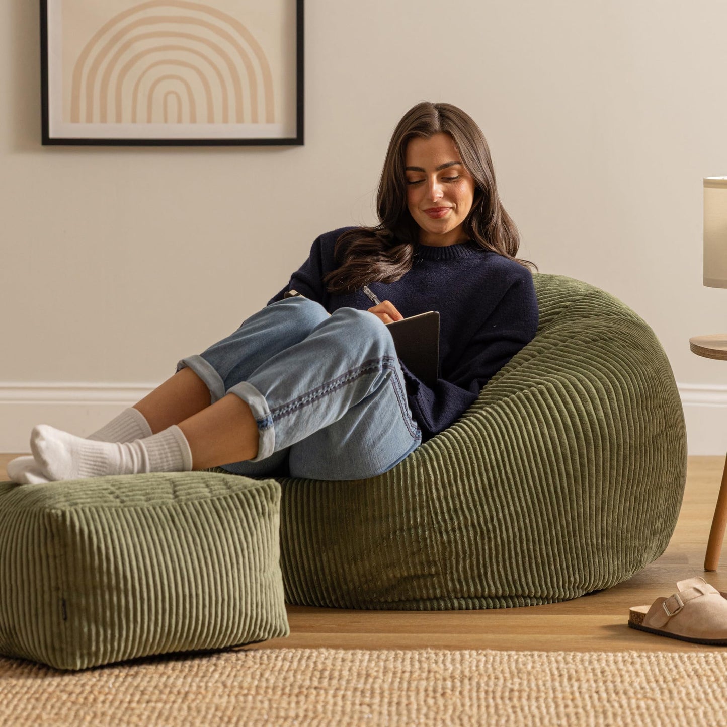 icon Kingston Cord Bean Bag & Footstool with Filling Included, Green