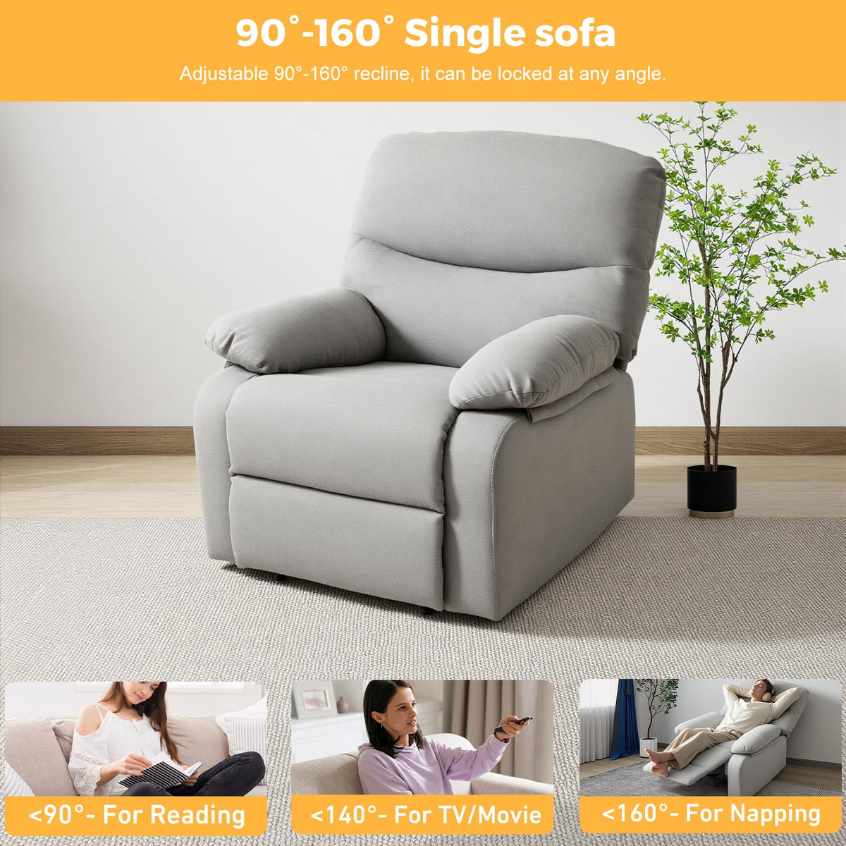 Panana Grey Fabric Manual Recliner Sofa Armchair - Living Room Furniture, Lounge Chair Sofa for Ultimate Comfort & Elegance. Single Seater Sofa for