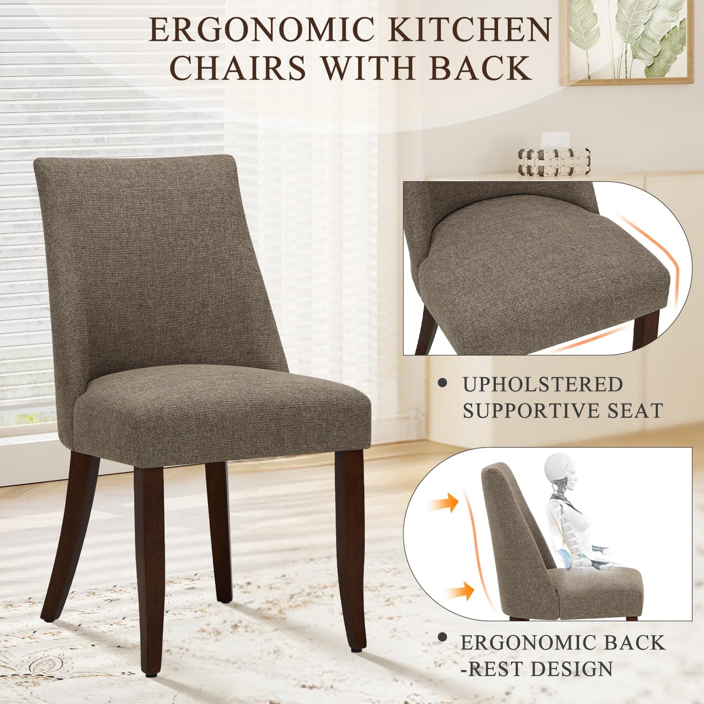 COLAMY Upholstered Dining Chairs Set of 6, Linen Fabric Parsons Dining Room Chairs with Curved Backrest, Solid Rubber Wood Legs