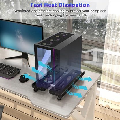 Qcdou Adjustable Mobile CPU Stand - Ventilated Tower Stand with 4 Caster Wheels, Fits Most PC, for Floor Carpet Gaming PC Case (Black)