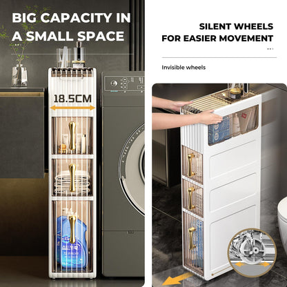 MAGIC SELECT Narrow Bathroom Organizer. Auxiliary Storage Cabinet with Wheels for Narrow Places. Side Cabinet with 3 Compact Drawers for Toilet Paper