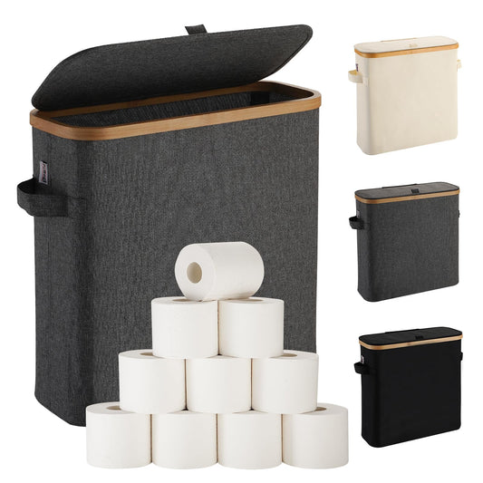 Toilet Roll Holder Storage Stand, Toilet Roll Storage Basket with Lid for Mega Roll, Bamboo Toilet Paper Storage Holder Organiser Free Standing for