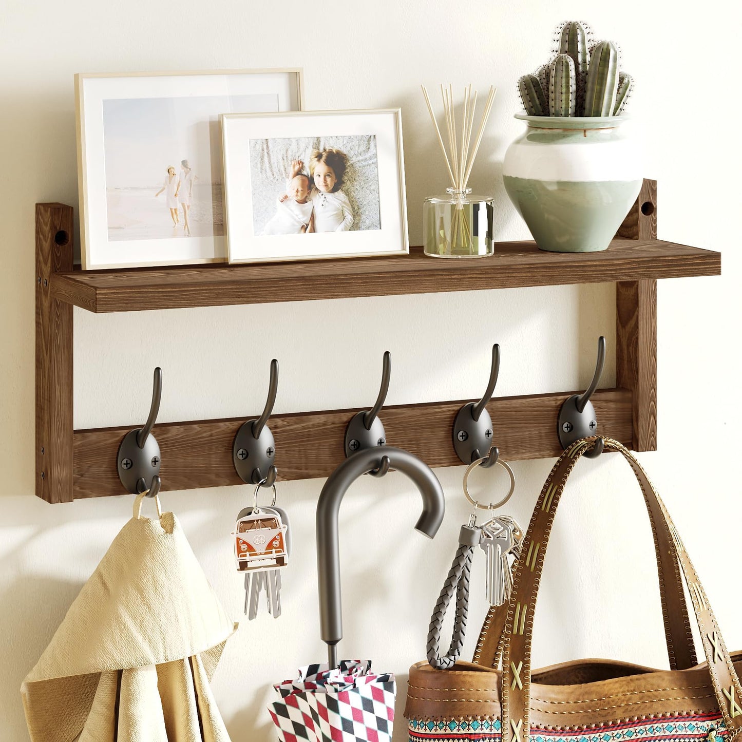 AMBIRD Wall Hooks with Shelf Entryway Wall-Mounted Shelf Wooden Coat Hook Rack Featuring 5 Dual Hooks for Bathroom, Living Room, Bedroom