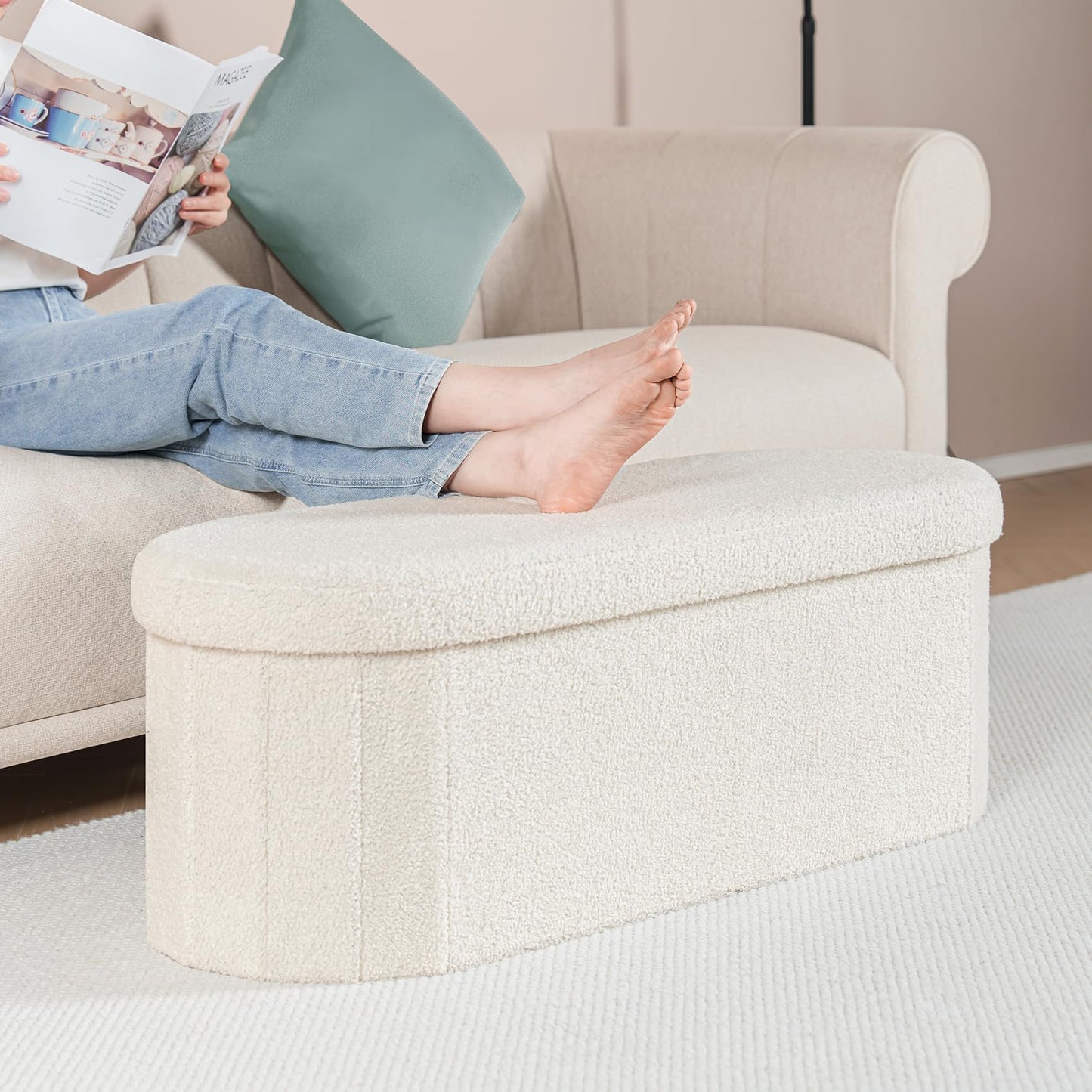 Bonlife Folding Ottoman Storage Bench,Boucle Footstool Oval, End of Bed Stool, Ideal for Living Room, Bedroom, 100L Storage Space,White