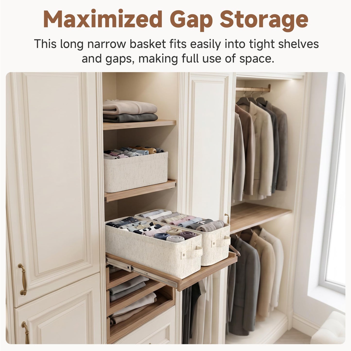 StorageWorks Narrow Storage Baskets, Fabric Storage Boxes, Wardrobe Storage Boxes with Handles, Bathroom Storage Baskets for Shelves