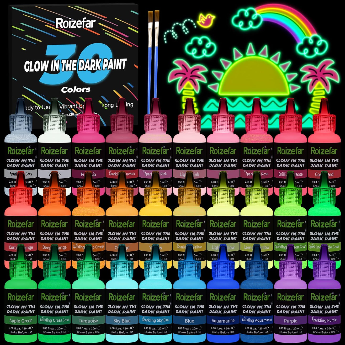 Roizefar Glow in the Dark Paint, 30 Colours x 20 ml Paints, Long-Lasting Sparkling Luminous Glow Fabric Paint for T-Shirt, Canvas, Ideal for Art