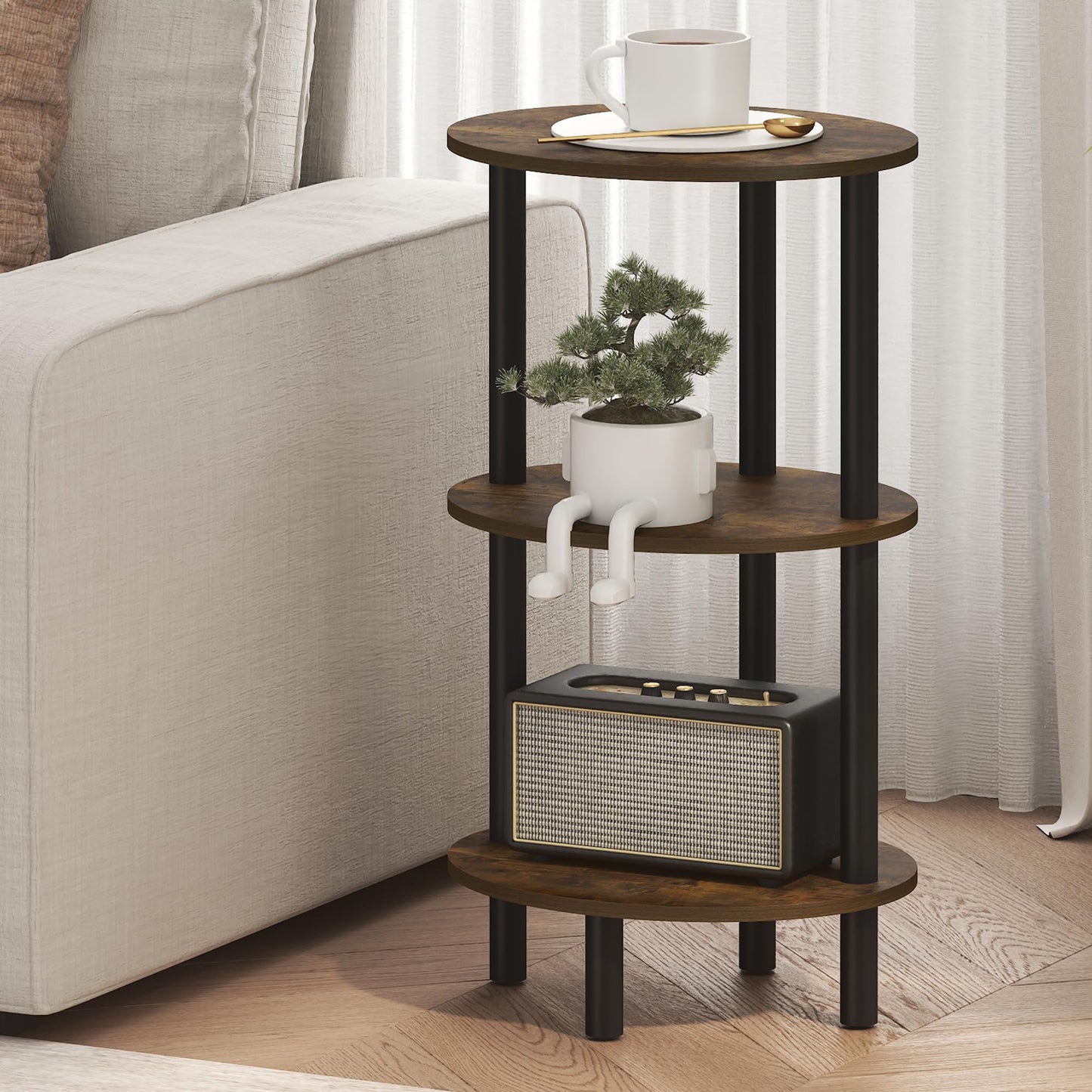Furinno TURN-N-TUBE Side Table, 3-Tier Oval End Table, Night Stand, Bedside Table, for Living Room, Bedroom, Amber Pine/Black
