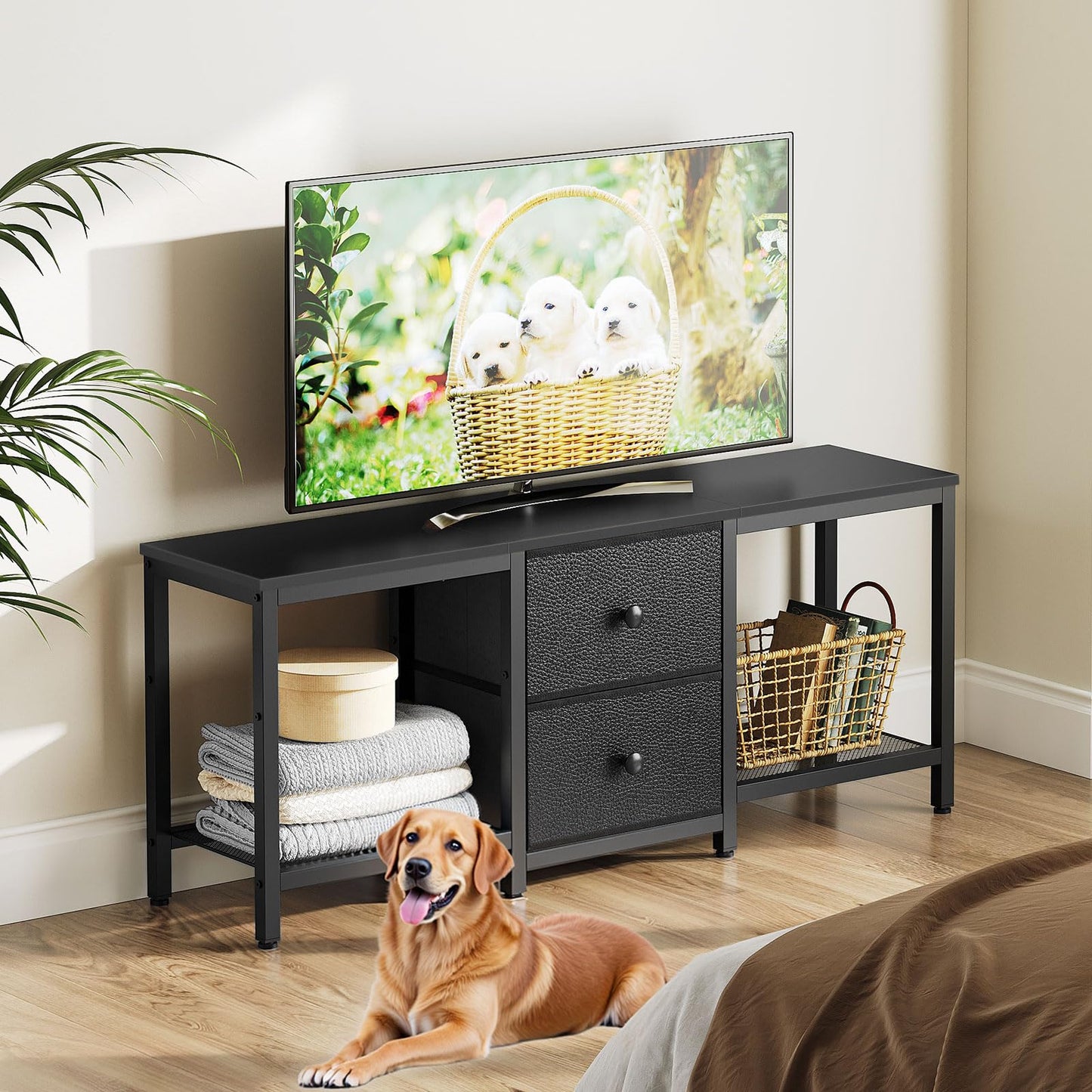 YATINEY TV Stand Cabinet for TVs up to 55'', Media Console with Shelves and 2 Drawers, Metal Frame, for Living Room, Bedroom, 120 x 30 x 50 cm
