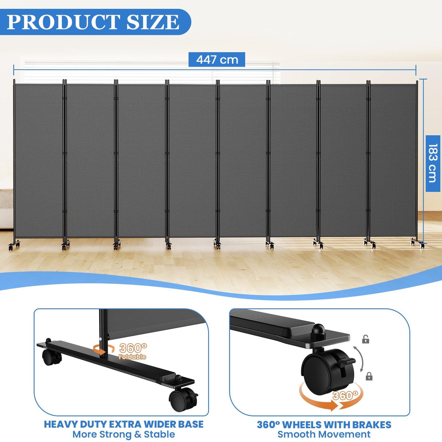 8 Panel Room Divider 183CM Folding Privacy Screens with Lockable Wheels