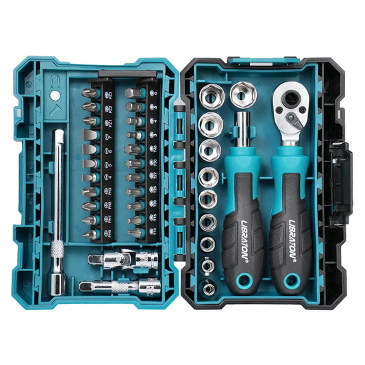 LIBRATON 37PCS 1/4" Drive Mini Socket & Ratchet Wrench Set with Bits, 4-13mm Shallow Sockets, Magnetic Driver Handle, Extension Bars & Universal