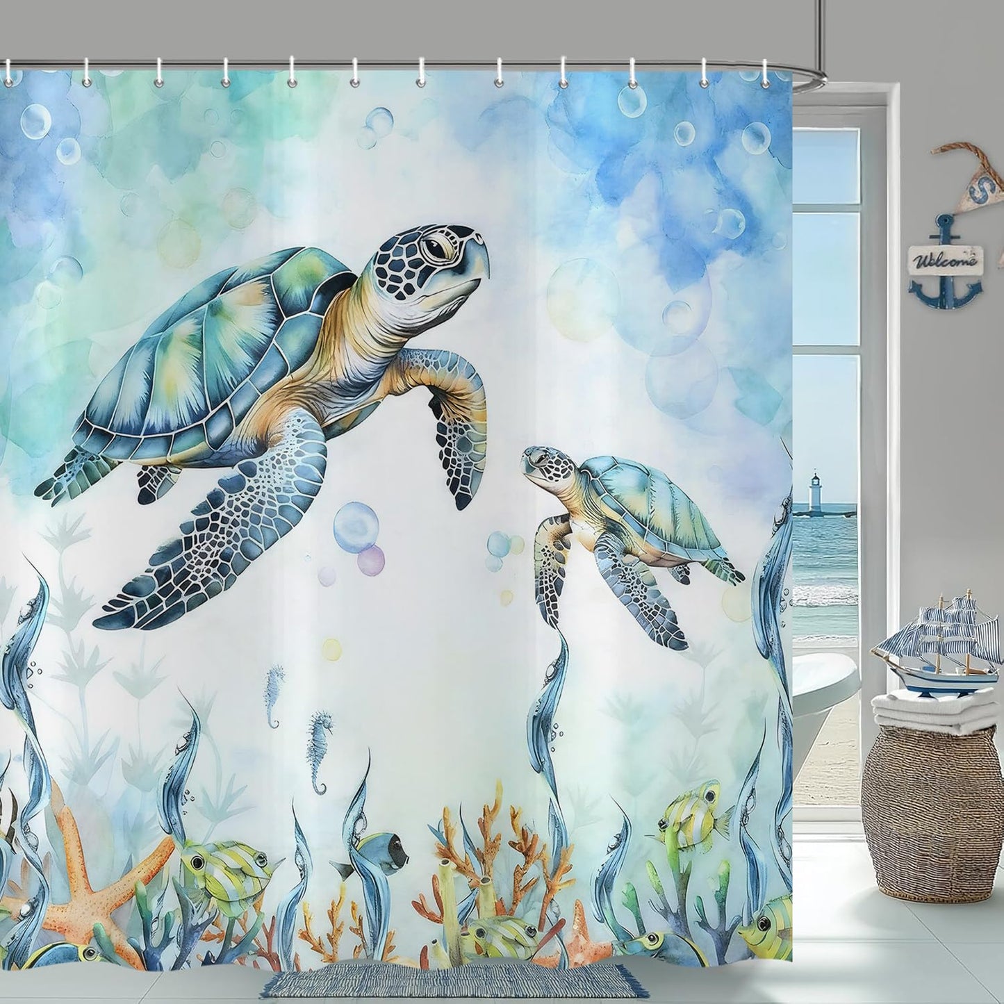 Hnmdmyi Sea Turtle Shower Curtain 180x200, Teal Ocean Underwater Tropical Fishes Starfish Seahorse Coral Bathroom Curtains Waterproof Polyester