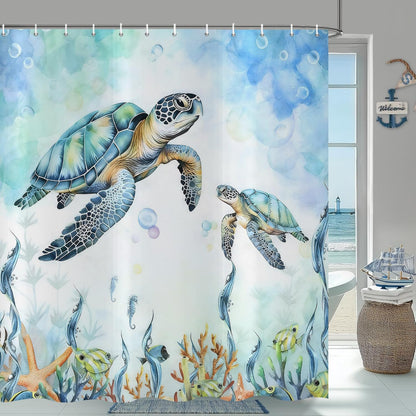 Hnmdmyi Sea Turtle Shower Curtain 180x200, Teal Ocean Underwater Tropical Fishes Starfish Seahorse Coral Bathroom Curtains Waterproof Polyester
