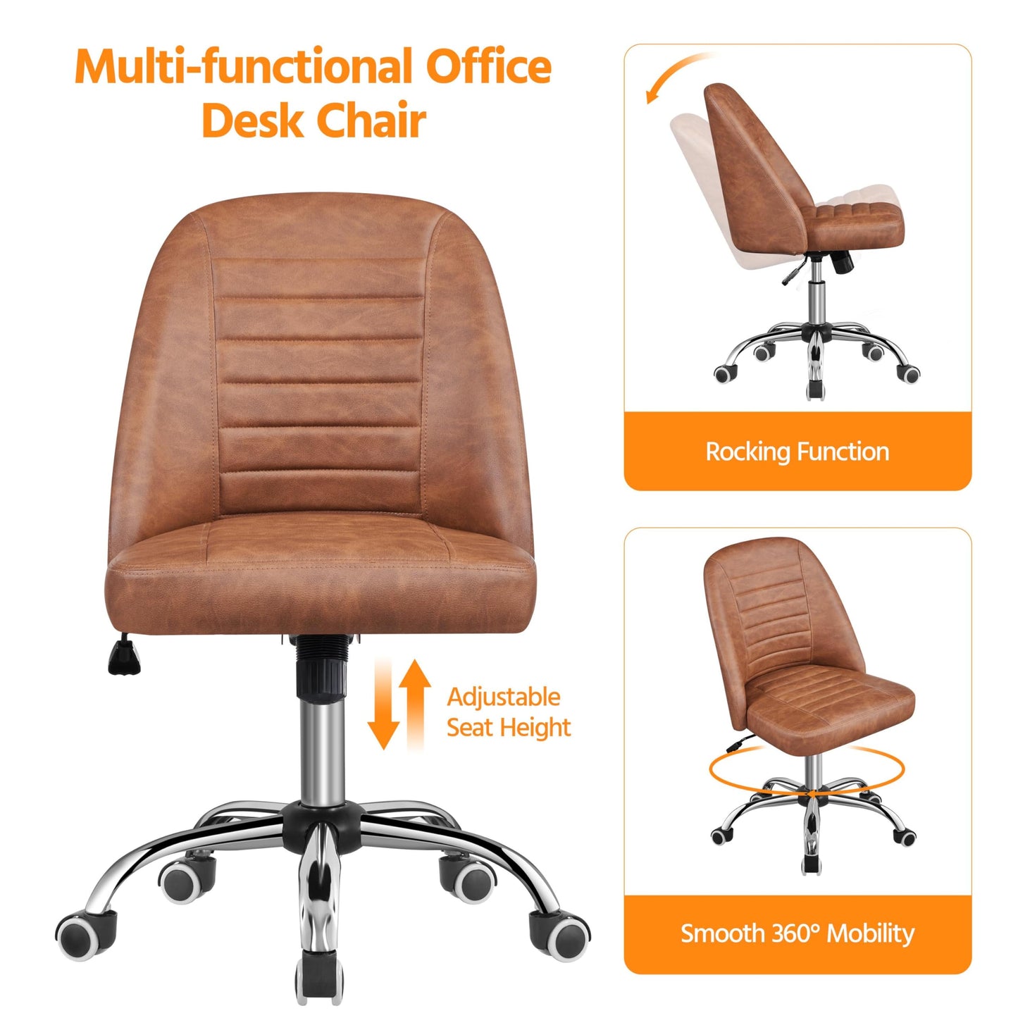 Yaheetech Armless Faux Leather Office Chair Swivel Back Support Retro Brown