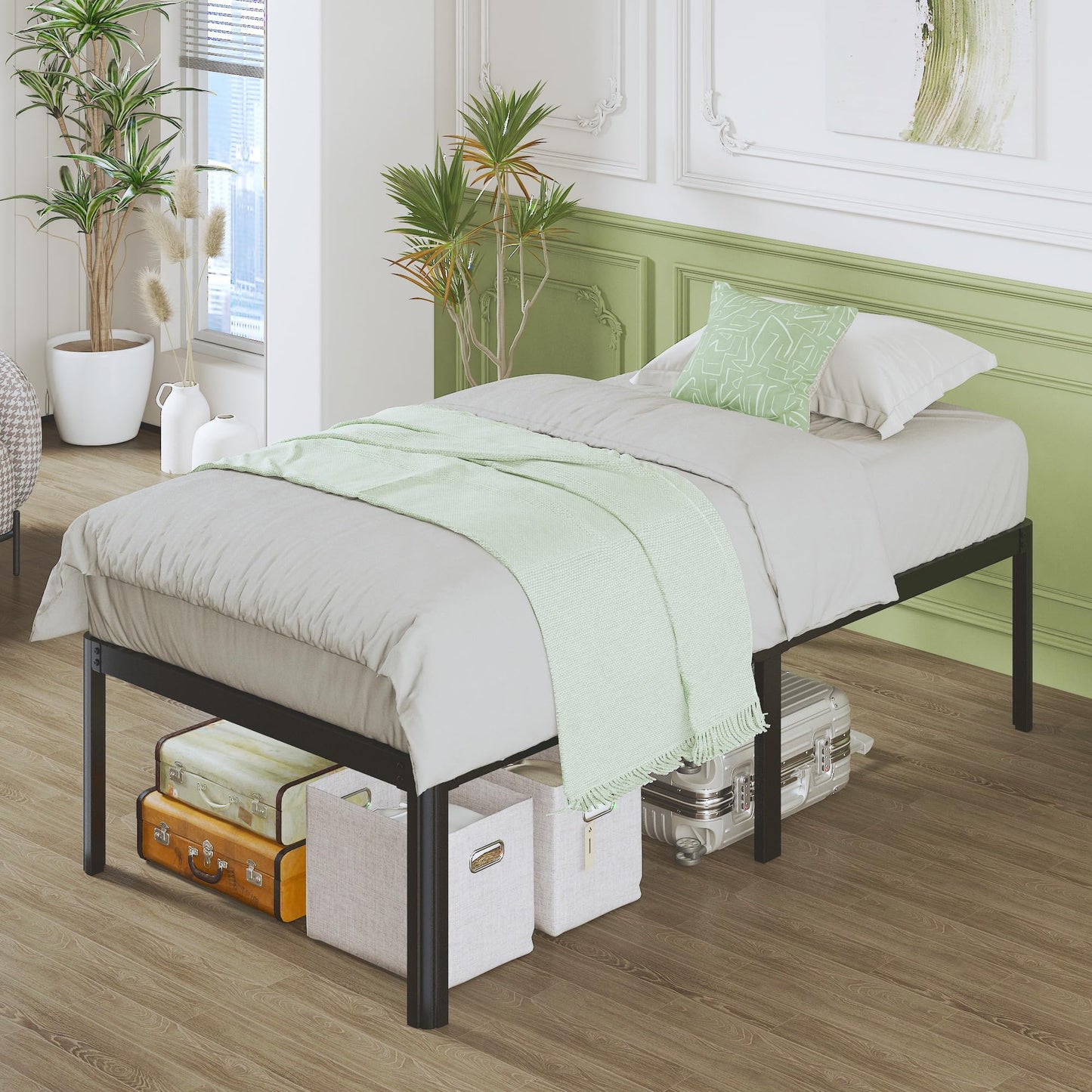Lutown-Teen 3ft High Single Bed Frames with Rounded Corner Legs, Heavy Duty White Metal Bed Frame Single with Steel Slats Support, Single Bed 46 cm