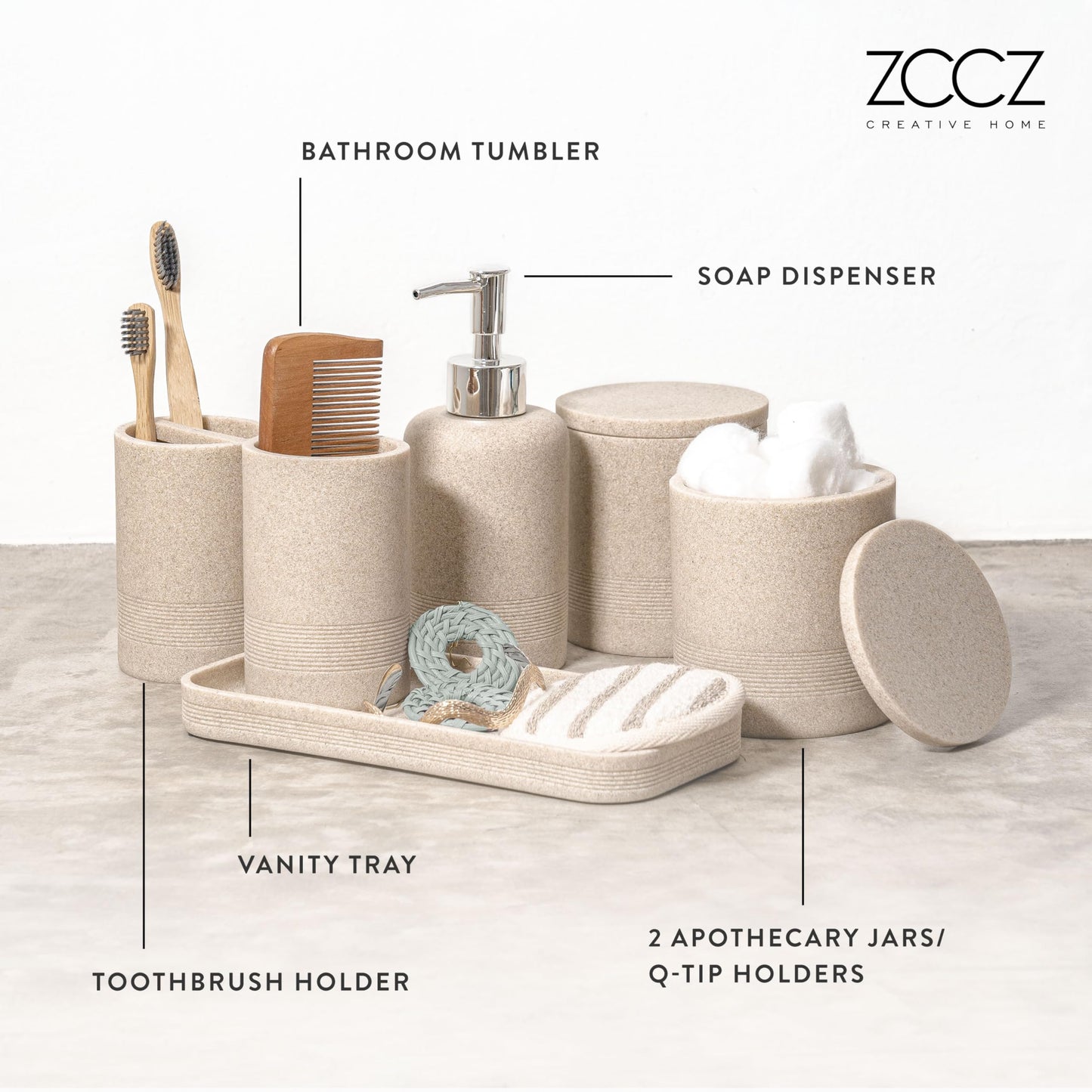 zccz Beige Bathroom Accessory Set 6 Pieces - Bathroom Organiser with Tootbrush Holder, Lotion Soap Dispenser, Vanity Tray and 2 Qtip Holders - Modern