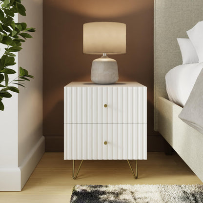 GFW Thalia 2 Drawer Bedside Table, Modern White Nightstand with Textured Finish & Hairpin Legs