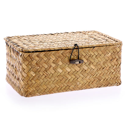 IGNPION Seagrass Storage Basket with Lid Woven Seagrass Desktop Basket Rectangular Bathroom Storage Organiser Box