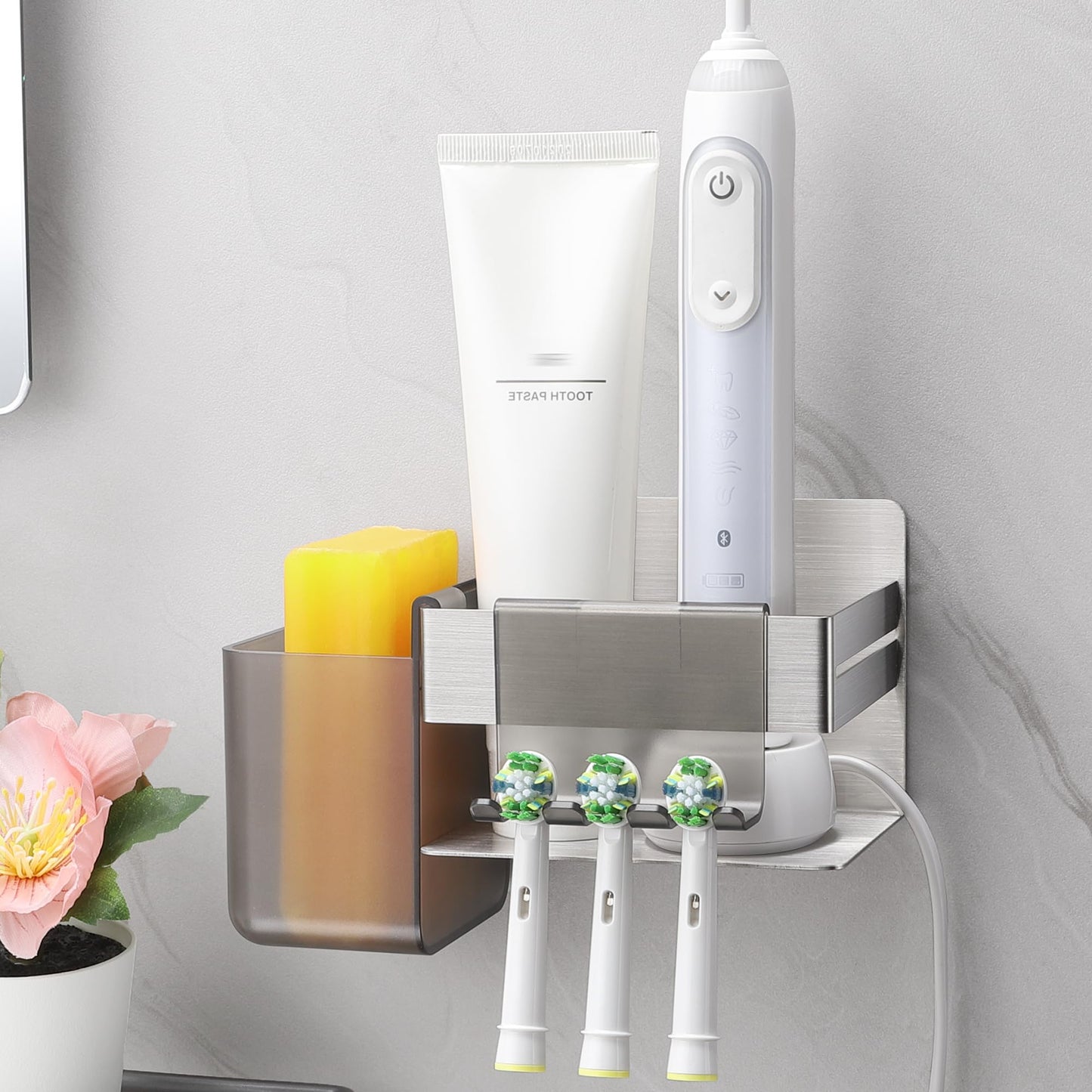 ALOCEO Electric Toothbrush Holder Wall Mounted, Stainless Steel Toothbrush Holders for Bathroom with 2 Hanging Hooks, Silver